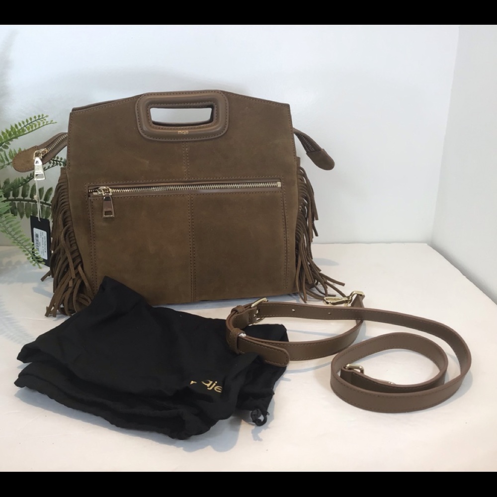 MAJE SUEDE LEATHER CAMEL FRINGE HANDBAG CROSSBODY NWT